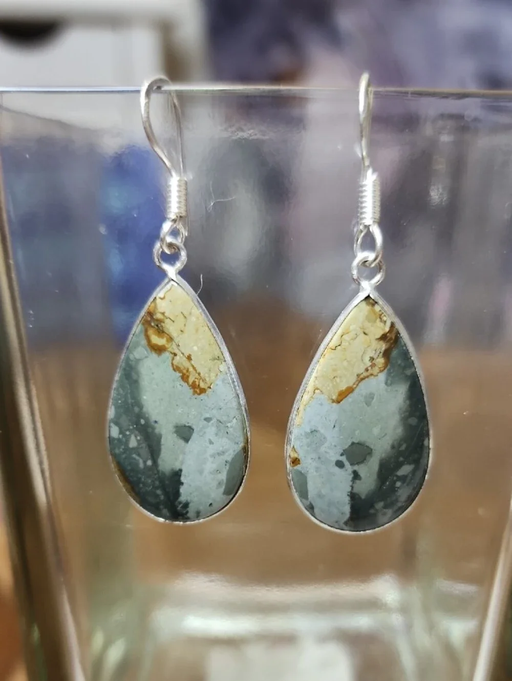 Teardrop Jasper Stone Dangle Earrings in Gray and Brown